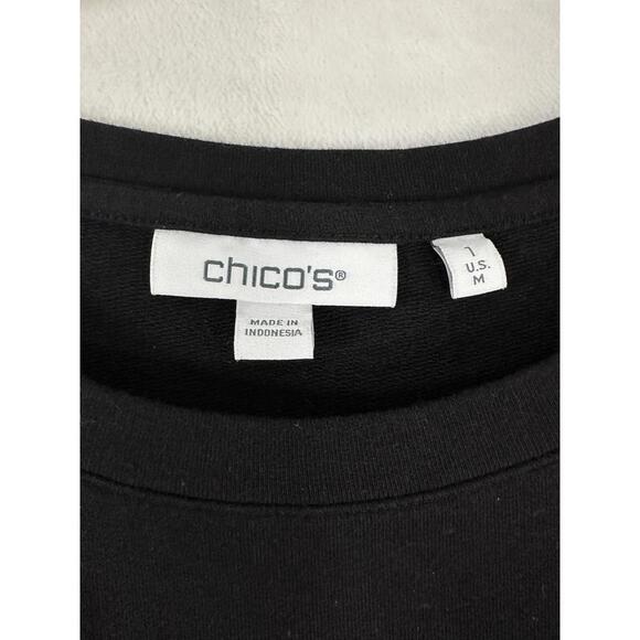 Chicos Size 1 Tops Medium Foil Sleeve Sweatshirt Black Top Womens Crewneck - Picture 5 of 6